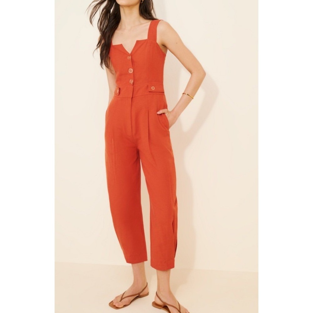 Farm Rio Asymmetric Neck Jumpsuit Rust Orange Button Front Smocked Back Small